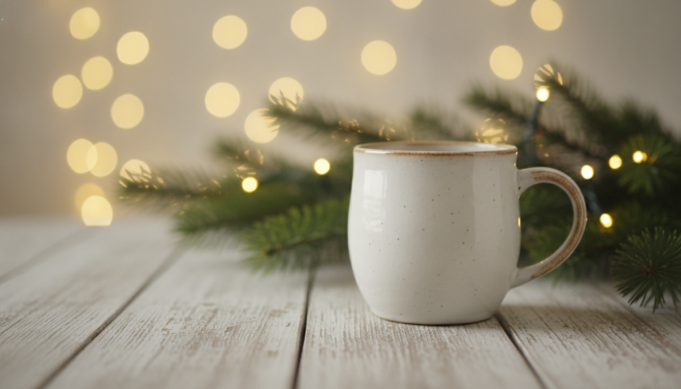 Taza de cerámica blanca sobre una mesa de madera con luces navideñas desenfocadas y ramas de abeto