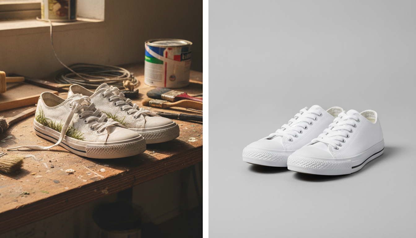 Paire de baskets blanches photographiée sur une table en bois puis posée sur un fond studio uni