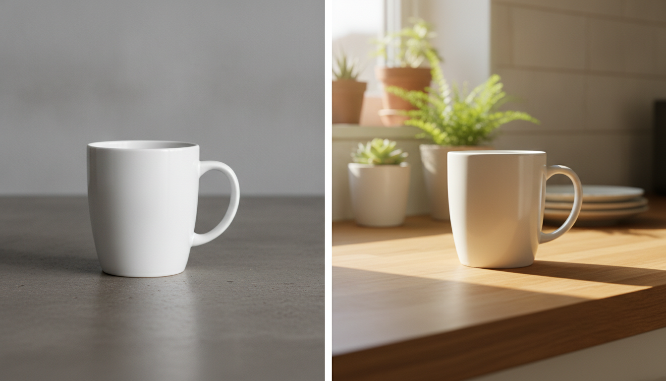 Vorher-nachher-Vergleich einer Keramiktasse, links auf grauem Tisch fotografiert, rechts von KI in eine sonnige Küchenszene gesetzt