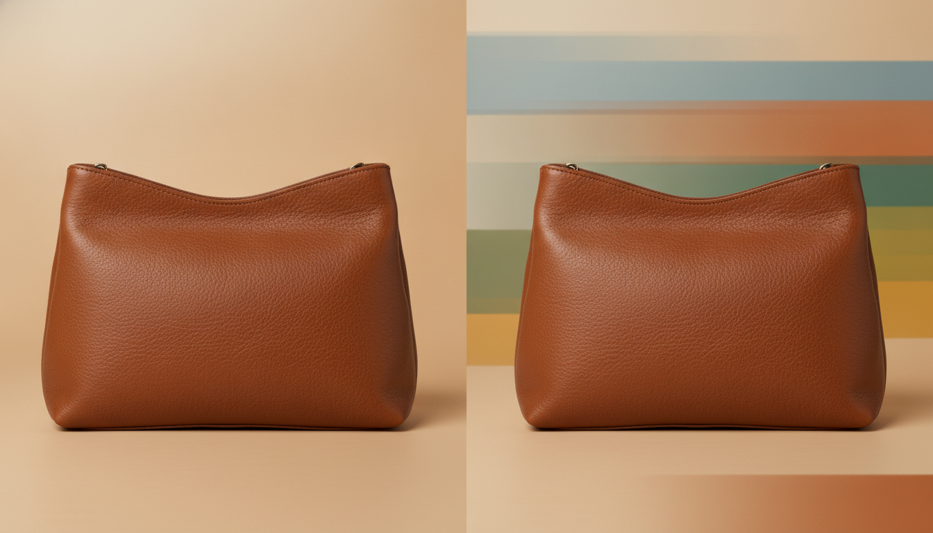 Side-by-side view of the same leather handbag photo, one with a smooth gradient and one with visible color banding