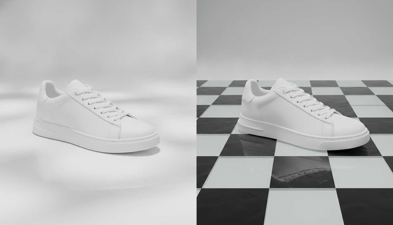 Freigestellter weißer Sneaker auf transparentem Schachbrettmuster neben derselben Datei mit grauem Hintergrund