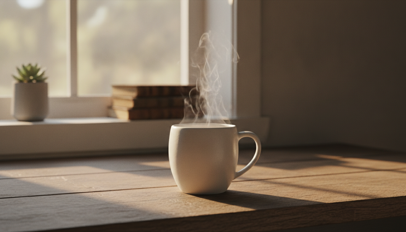 Ceramic mug on a table with steam rising, styled as an online store product shot
