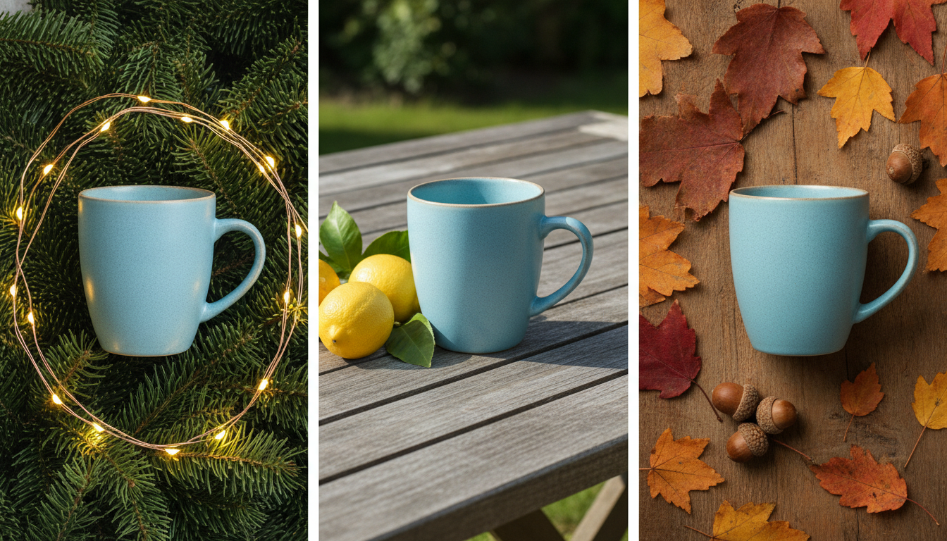 Keramiktasse in drei saisonalen Szenen: Weihnachtsdeko, sommerlicher Gartentisch und herbstliches Laub