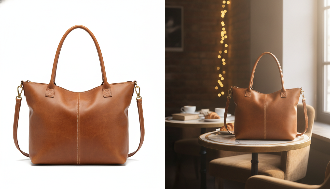 Handtasche aus Leder auf weißem Hintergrund neben derselben Tasche in einer Café-Szene
