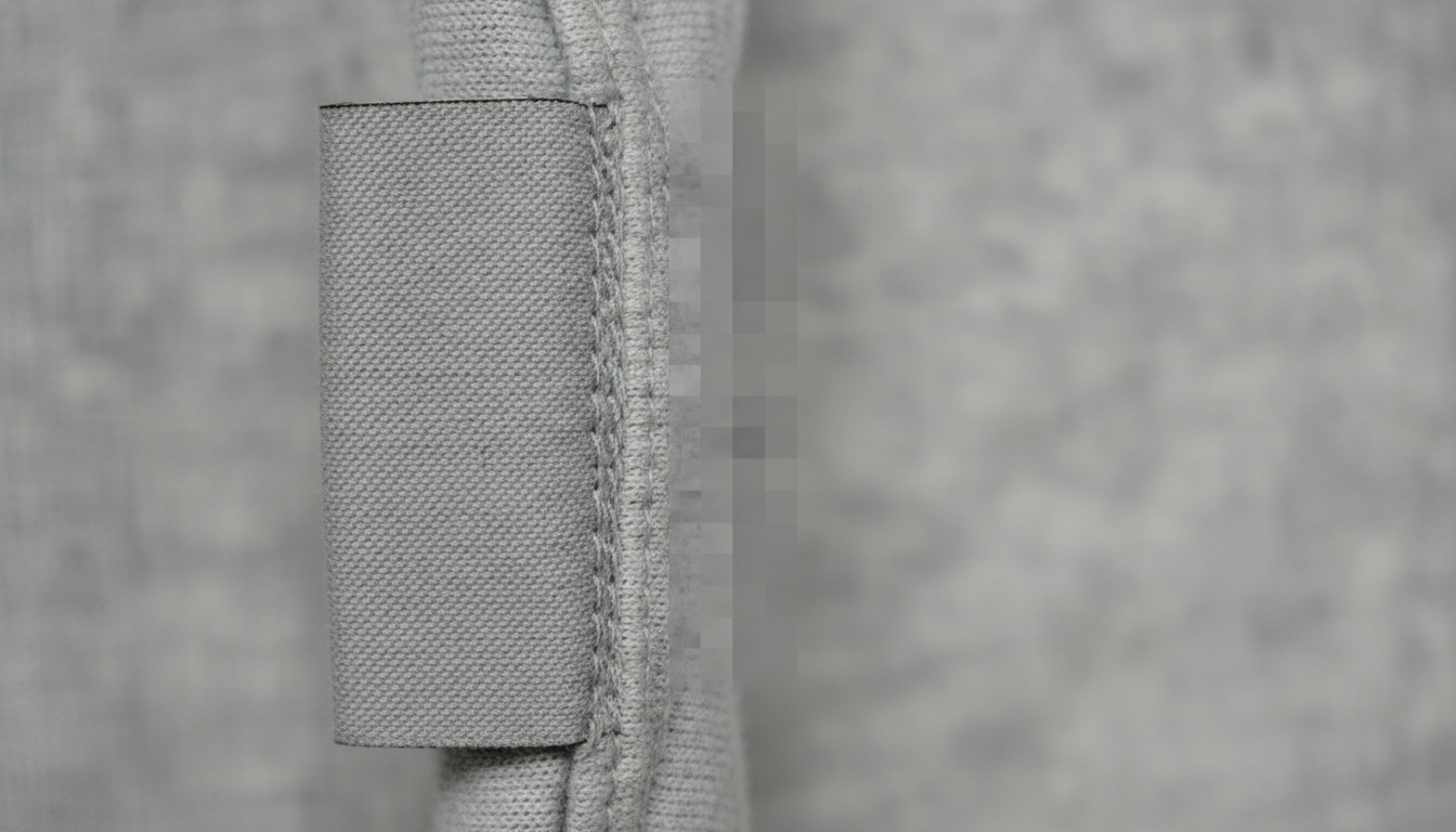 Gros plan sur une étiquette textile de t-shirt, nette d'un côté et pixelisée de l'autre