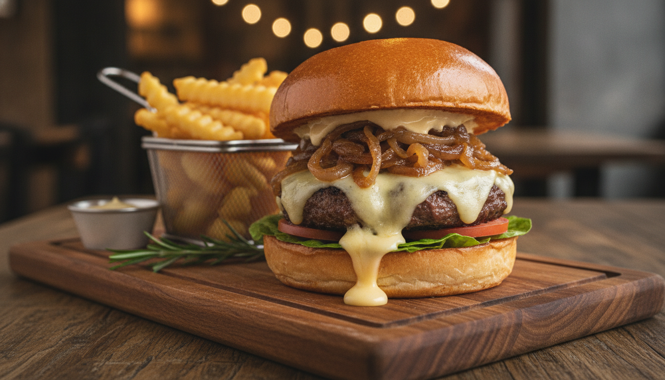 Burger maison sur planche en bois avec frites dorées, lumière chaude de restaurant