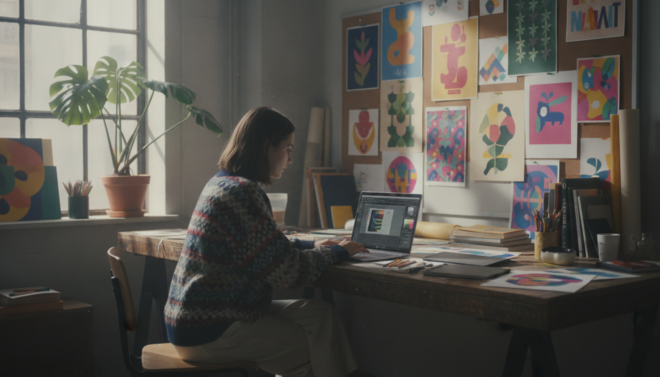 Créatrice travaillant sur un ordinateur portable entourée d'affiches et d'illustrations imprimées