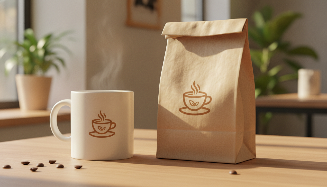 Logo eines kleinen Cafés als freigestellte Grafik auf einer bunten Tasse und einer Papiertüte platziert