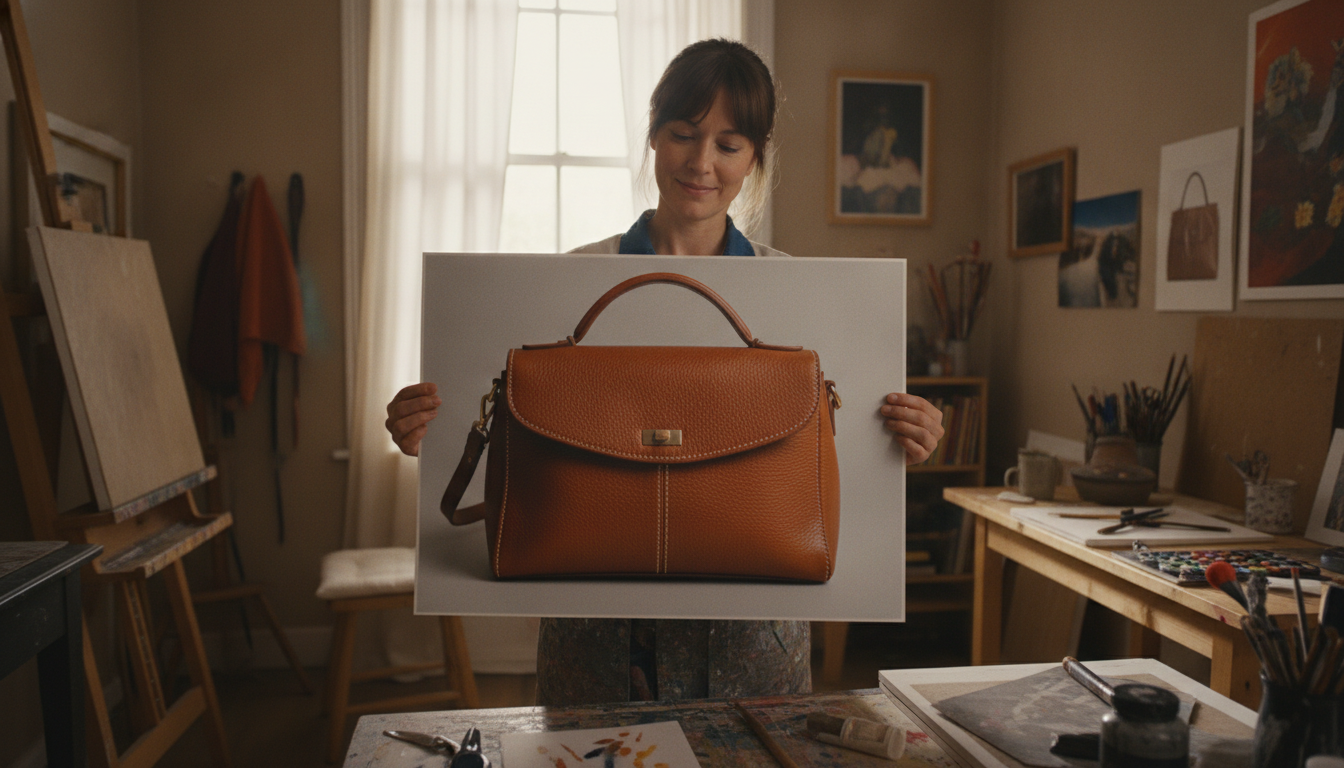 Händlerin prüft ein großformatig ausgedrucktes Produktfoto einer Lederhandtasche