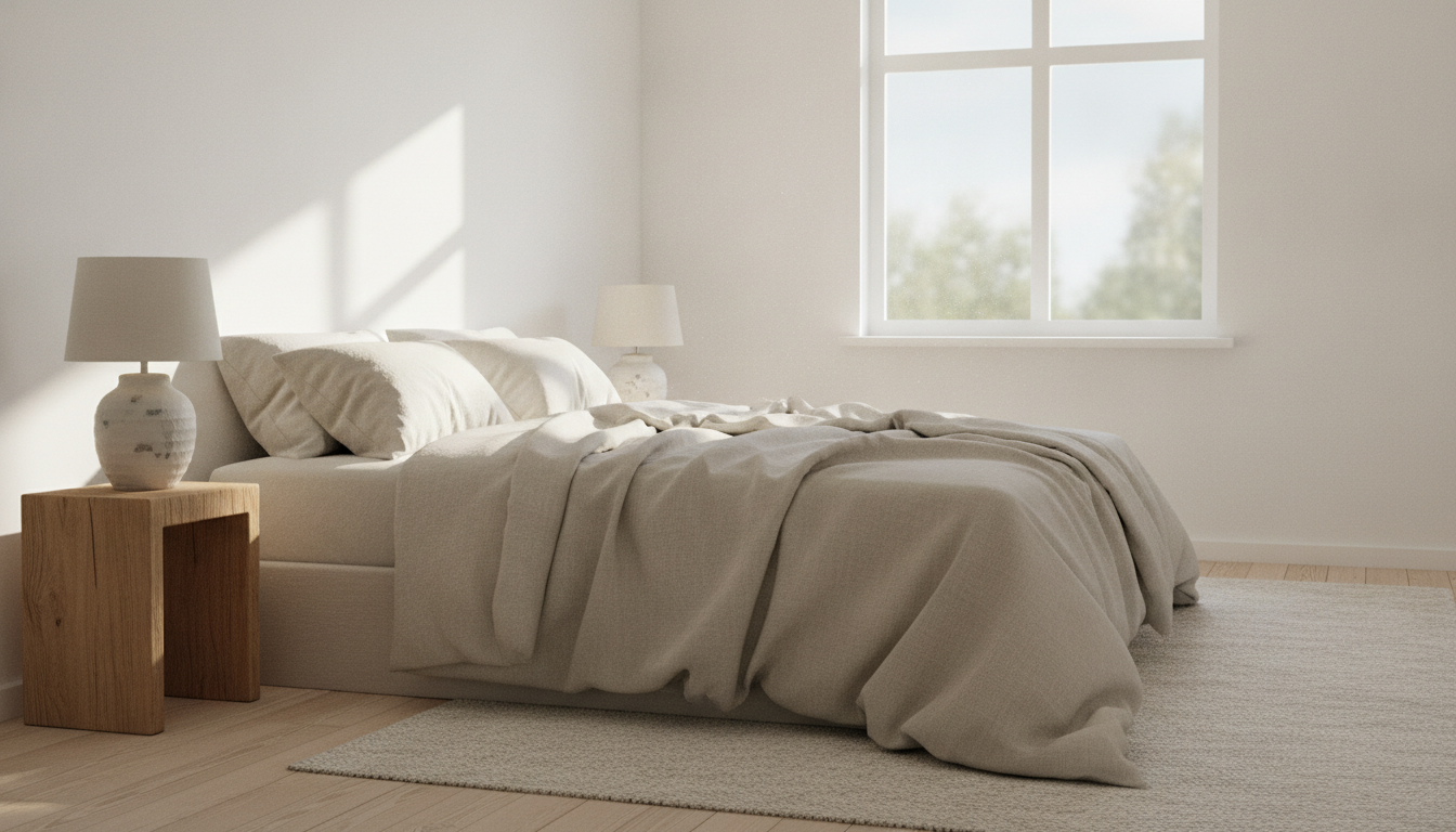 Chambre lumineuse meublée simplement avec un lit en lin beige, une table de chevet en bois et un tapis clair
