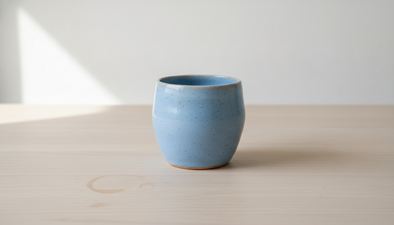 Produktfoto einer Keramiktasse vor weißem Hintergrund auf einem Holztisch