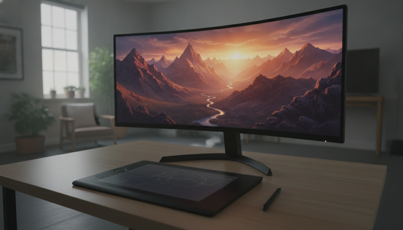 Kreativer Arbeitsplatz mit Grafiktablett, Stift und Monitor mit einer fotorealistischen Landschaft