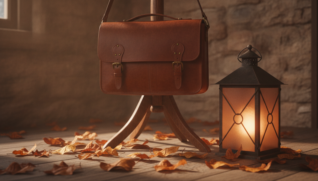 Borsa in pelle marrone appesa a un appendiabiti di legno d'epoca con foglie secche sul pavimento e luce di lanterna