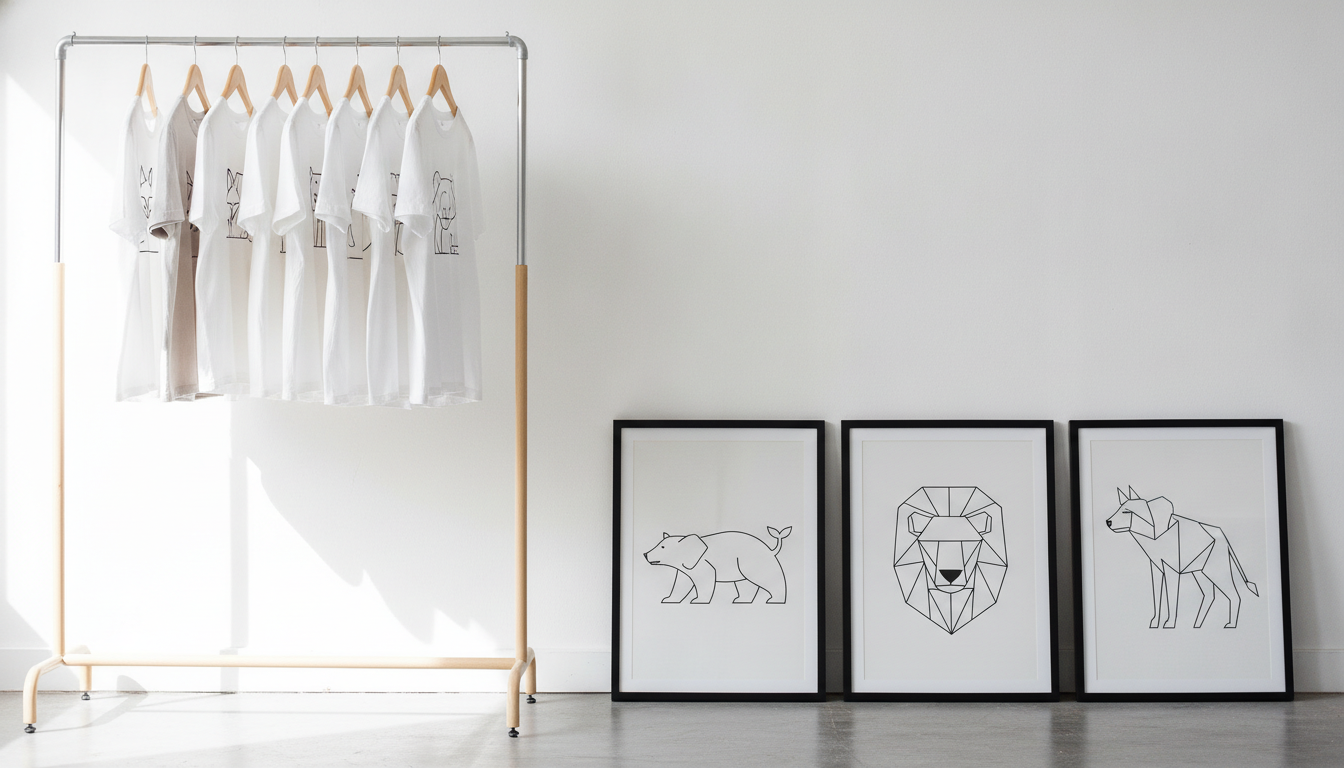 Affiches encadrées et t-shirts imprimés avec des illustrations d'animaux minimalistes sur un portant