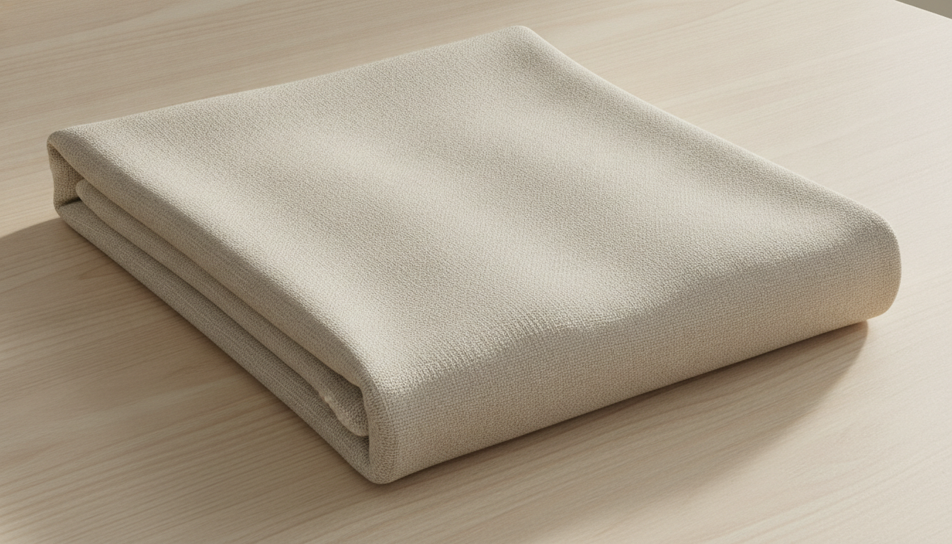 Gros plan sur la texture d'une chemise en lin naturel posée sur une table en bois
