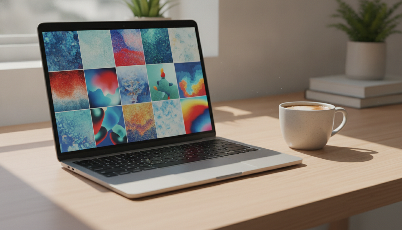 Laptop auf einem hellen Holzschreibtisch mit mehreren KI-generierten Bildern auf dem Bildschirm, daneben eine Tasse Kaffee