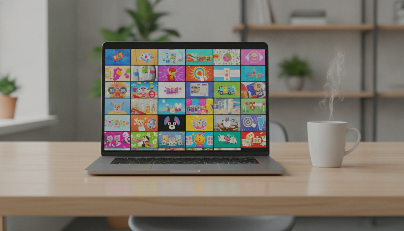 Ordinateur portable affichant une grille de vignettes vidéo colorées sur un bureau en bois