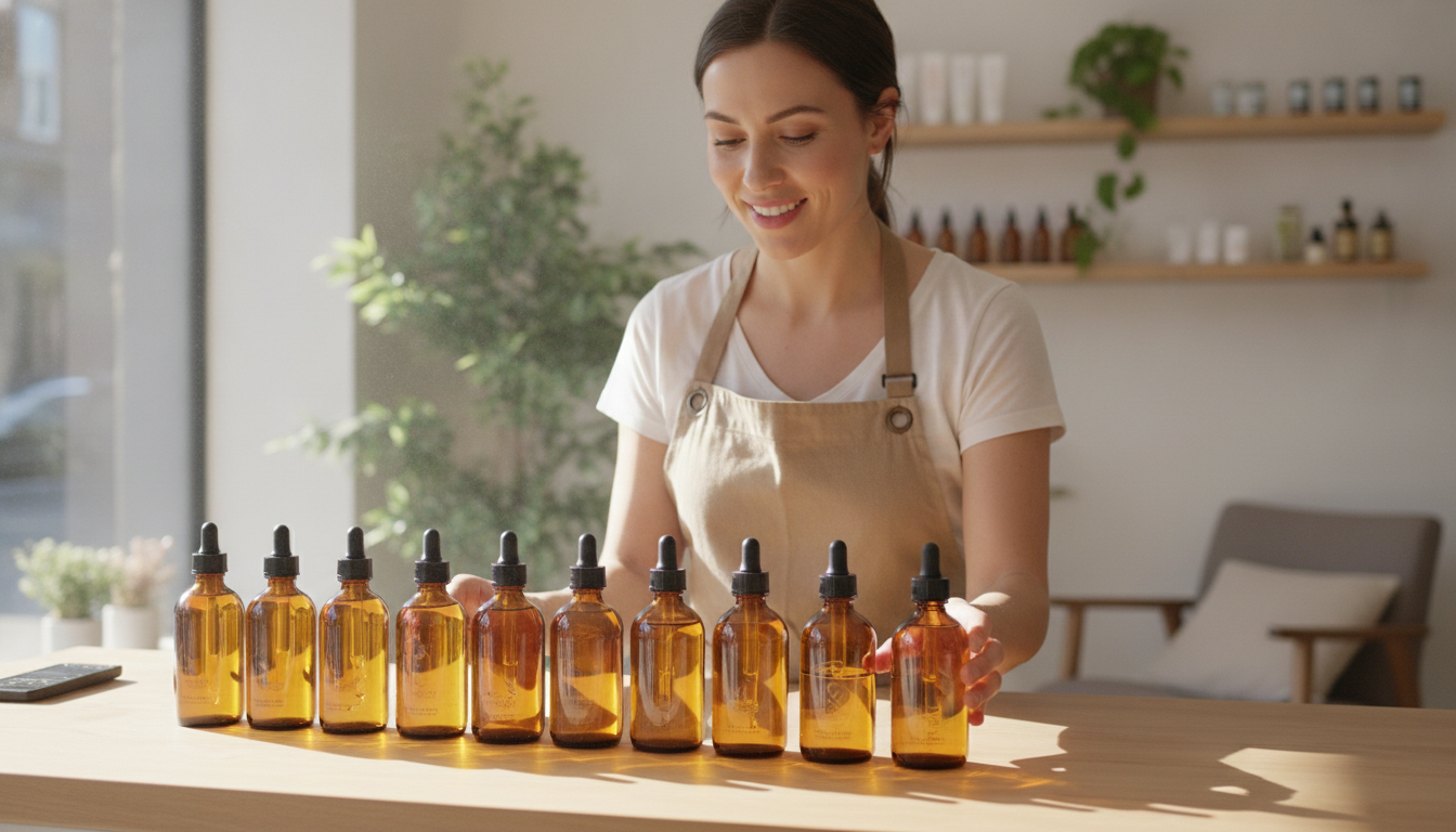 Gérante d'une petite boutique de cosmétiques préparant des flacons sur un comptoir pour une séance photo