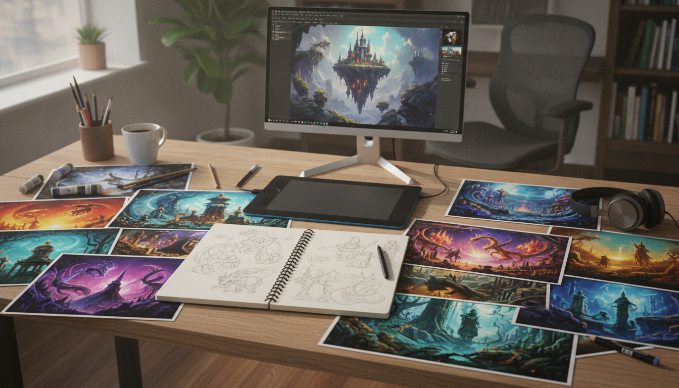 Bureau de créatif avec carnet de croquis, tablette graphique et tirages d'illustrations colorées étalés