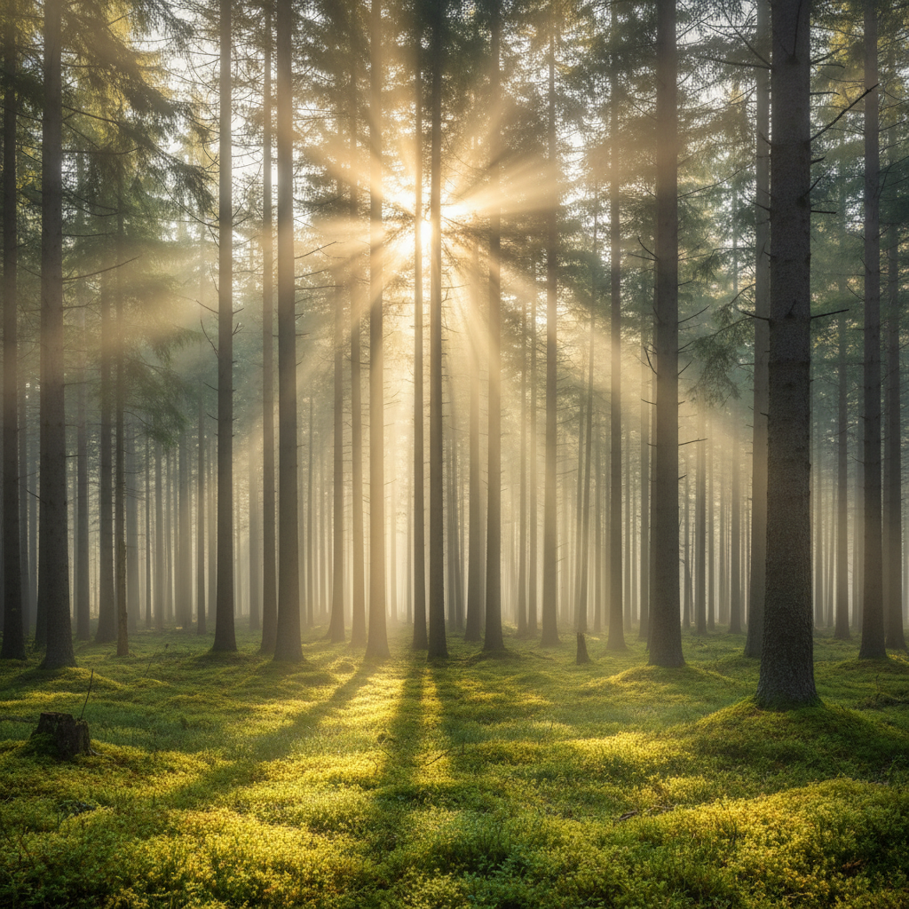 Bosque neblinoso al amanecer
