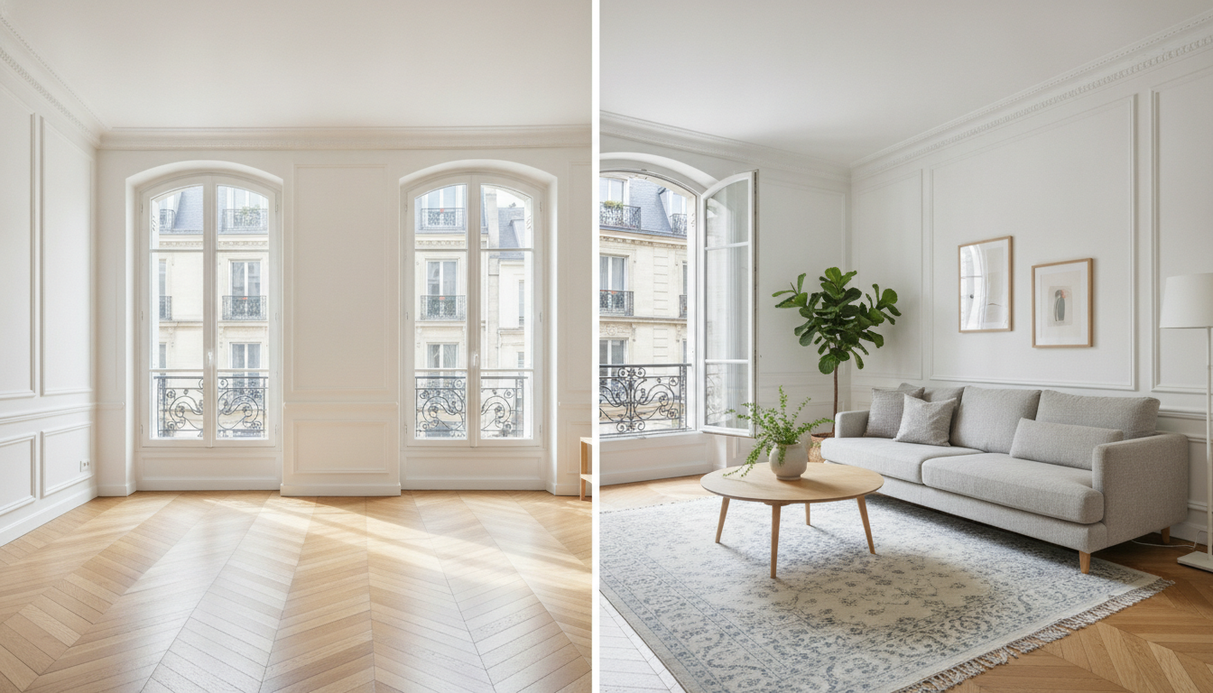 Salon vide aux murs blancs et parquet clair, puis le même salon meublé avec un canapé gris, une table basse en bois et des plantes