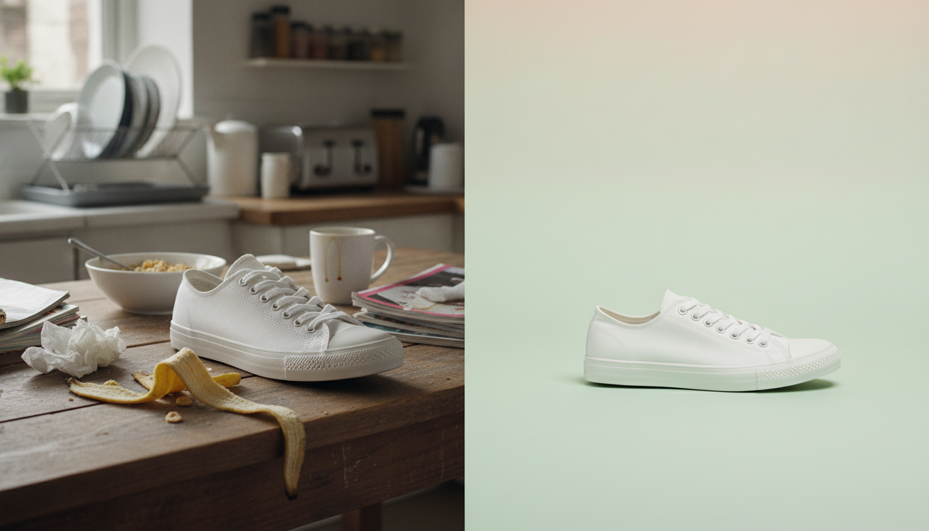 Antes y después de una zapatilla: foto casera sobre una mesa y la misma zapatilla en estudio sobre fondo de color