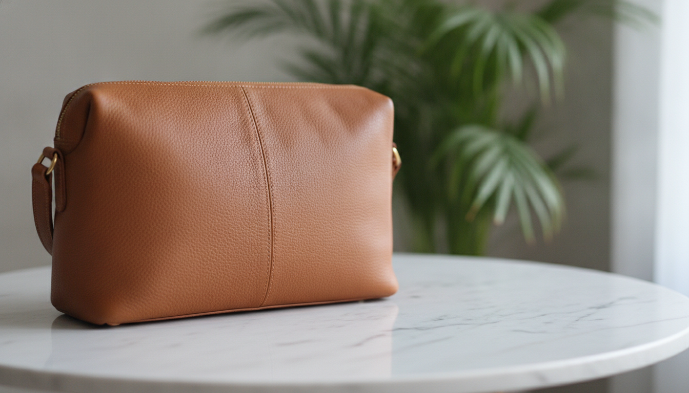 Sac à main en cuir camel posé sur une table en marbre avec une plante verte en arrière-plan
