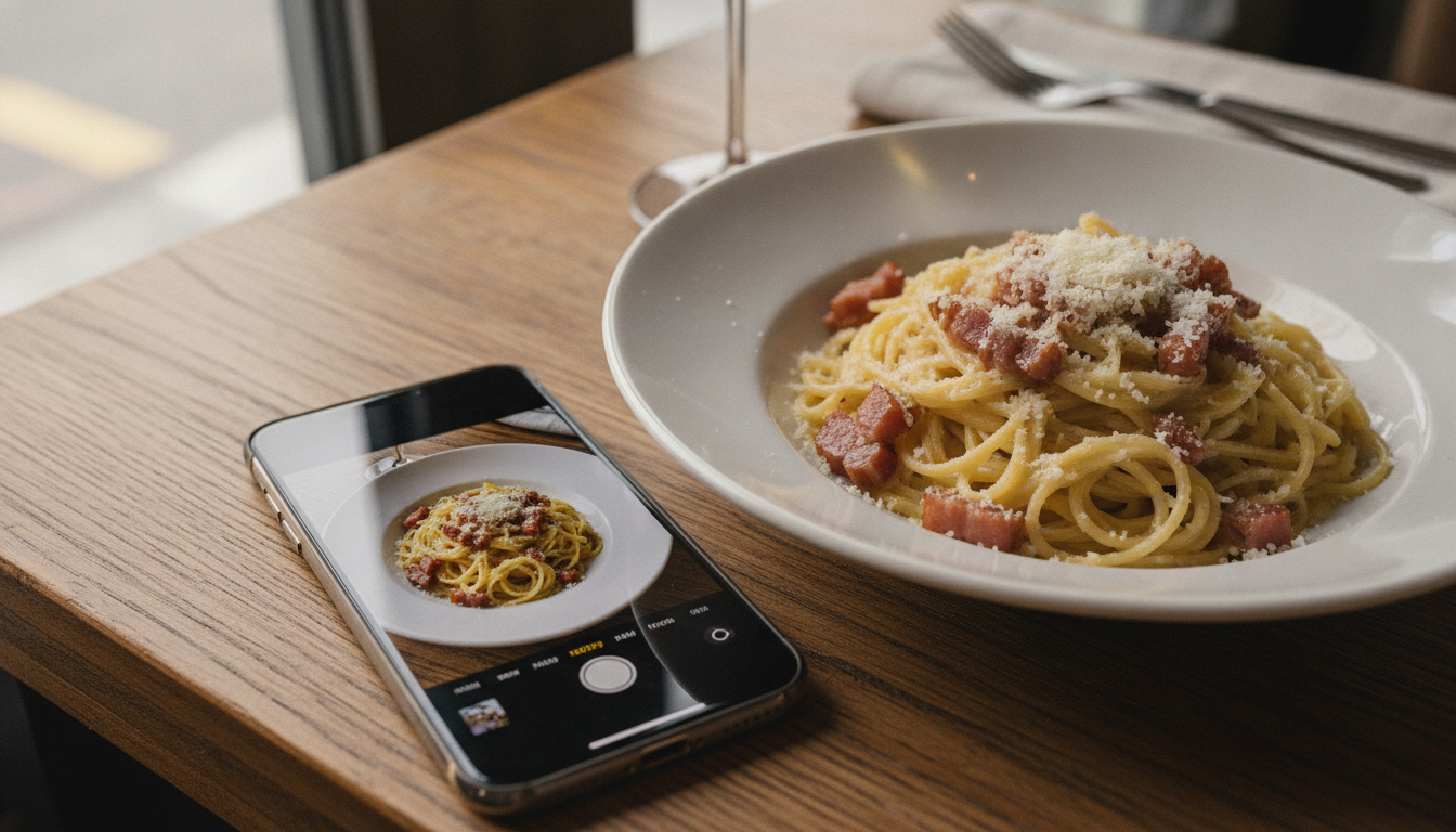 Smartphone affichant un plat de pâtes carbonara posé à côté de la vraie assiette
