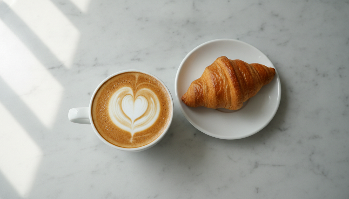 Cappuccino mit Latte Art und Croissant auf einem Marmortisch von oben
