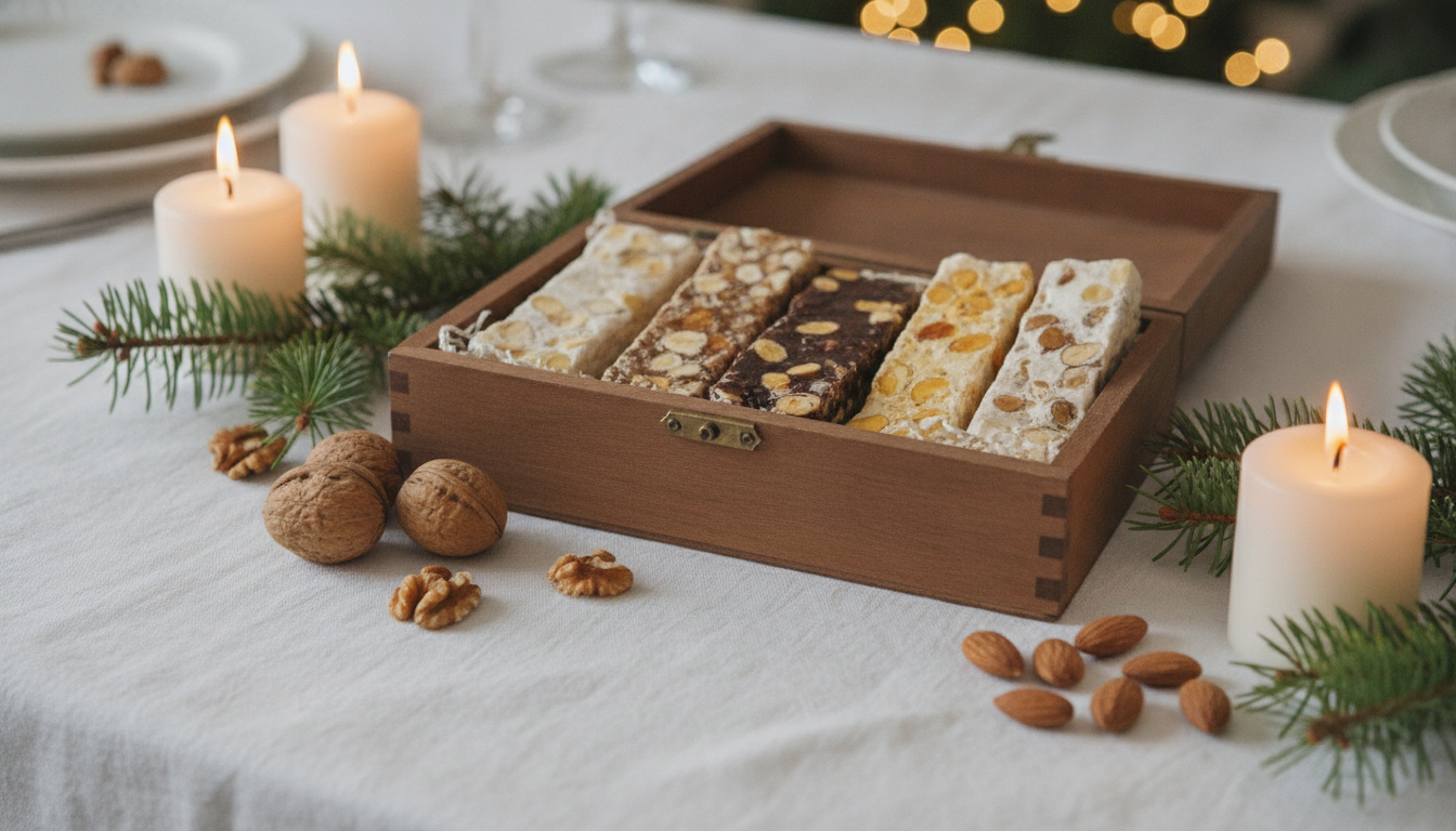 Caja de turrones artesanos sobre un mantel de lino con frutos secos y velas encendidas