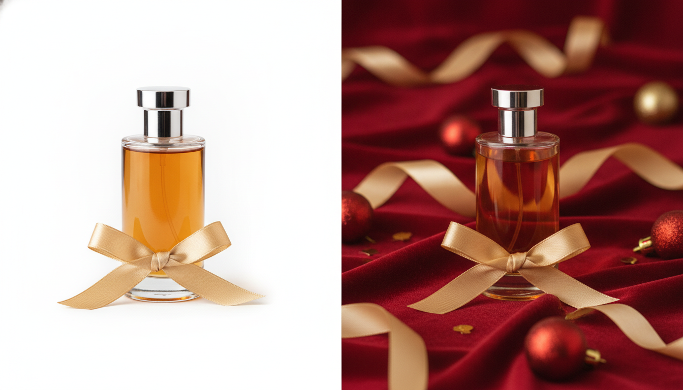 Antes y después de un perfume fotografiado sobre fondo blanco y colocado en una escena navideña con lazos rojos
