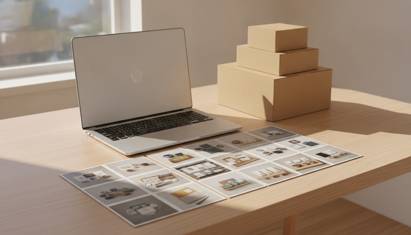Desk with a laptop, several product boxes and printed catalogue photos laid out in rows