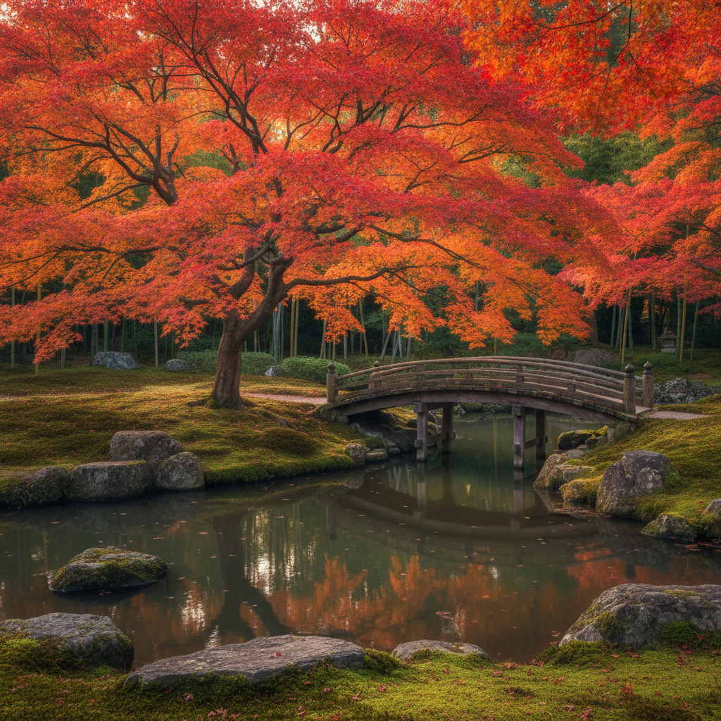 Jardín japonés zen en otoño