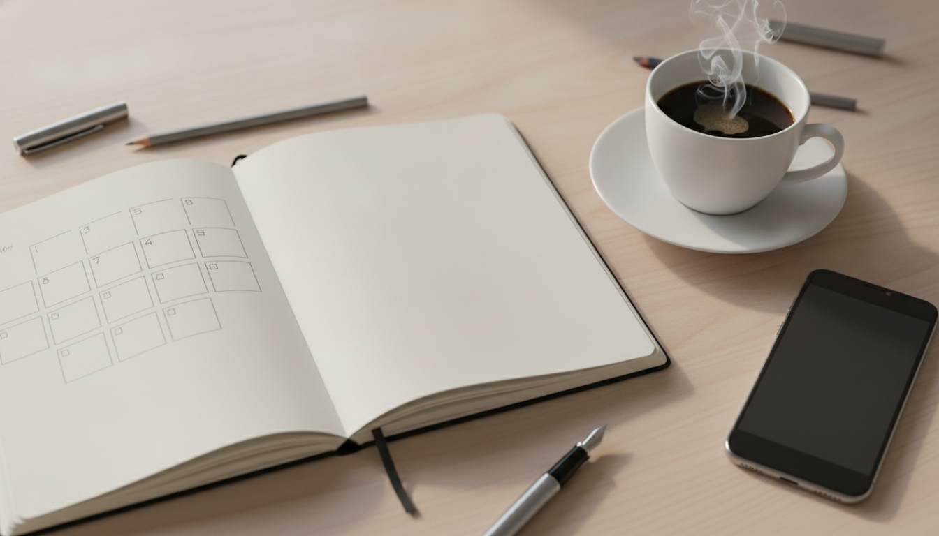 Notizbuch mit handgezeichnetem Wochenplan neben einer Kaffeetasse und einem Smartphone auf einem hellen Schreibtisch