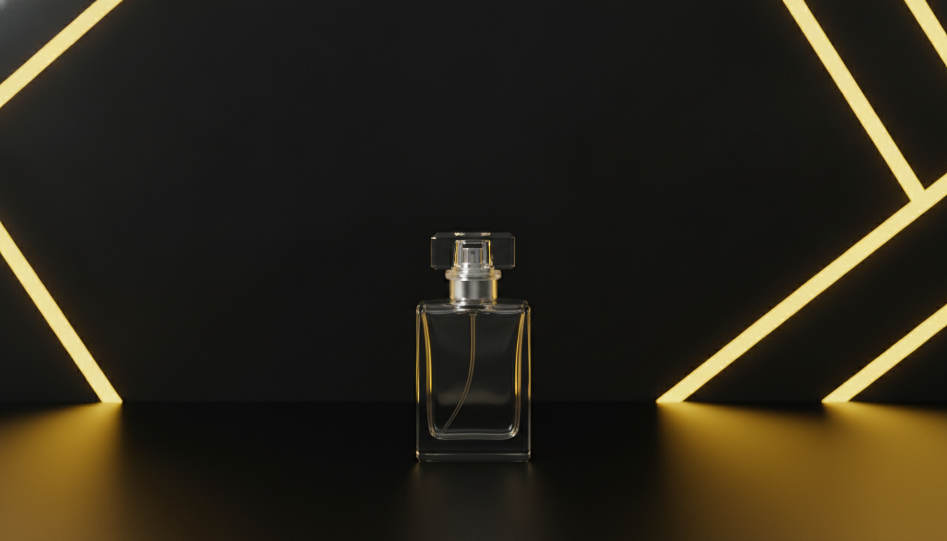 Bouteille de parfum sur fond jaune et noir avec de grandes formes géométriques