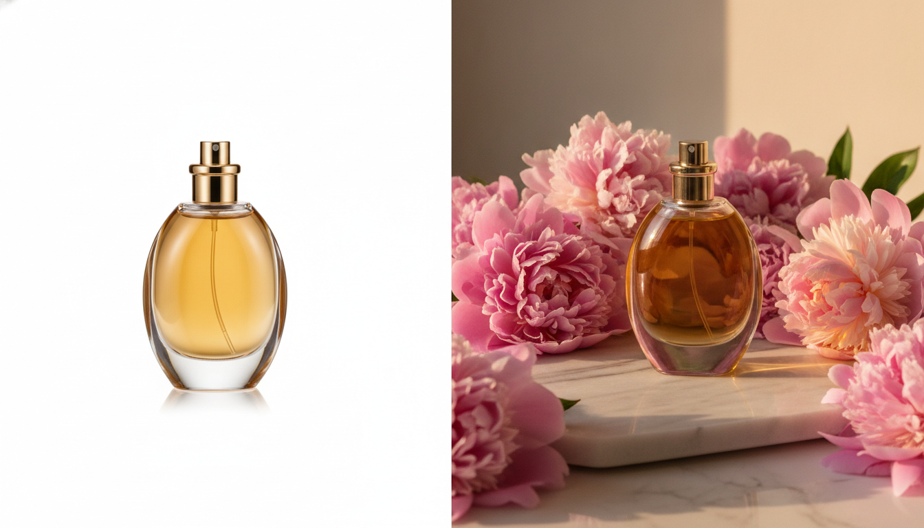 Même flacon de parfum photographié en studio sur fond blanc et mis en scène sur un plateau en marbre avec des fleurs