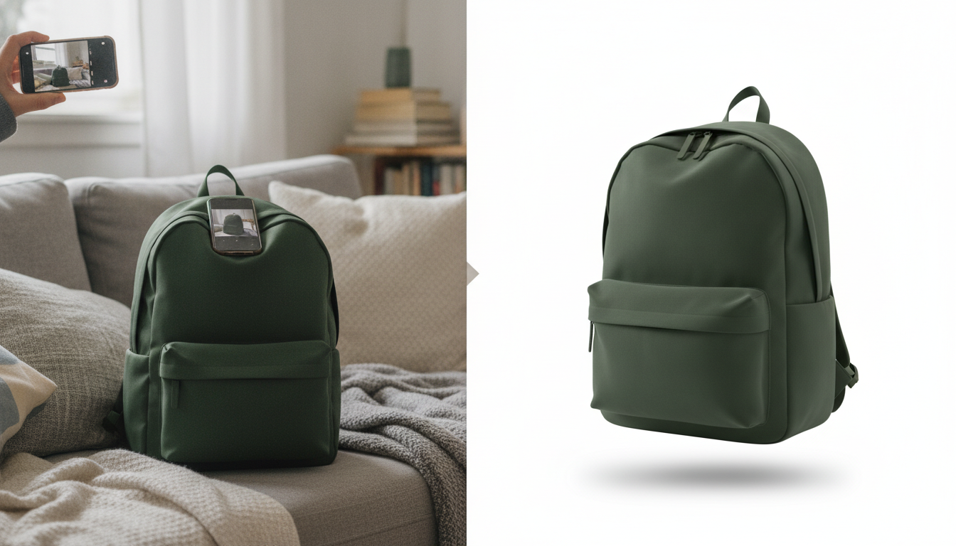 Vorher-nachher-Vergleich eines Rucksacks, links auf einem unordentlichen Sofa, rechts vor sauberem weißen Hintergrund