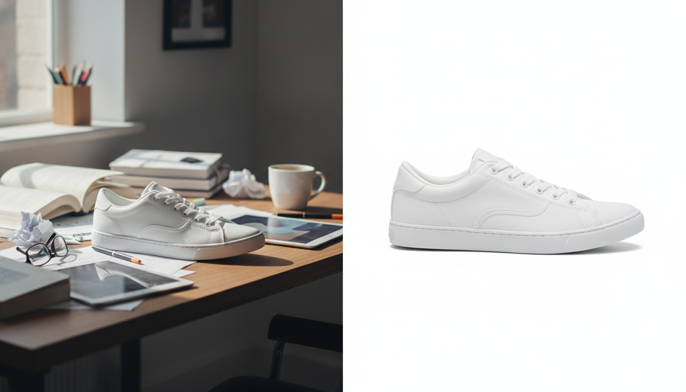 Avant et après d'une photo de chaussure de sport sur fond encombré puis sur fond blanc