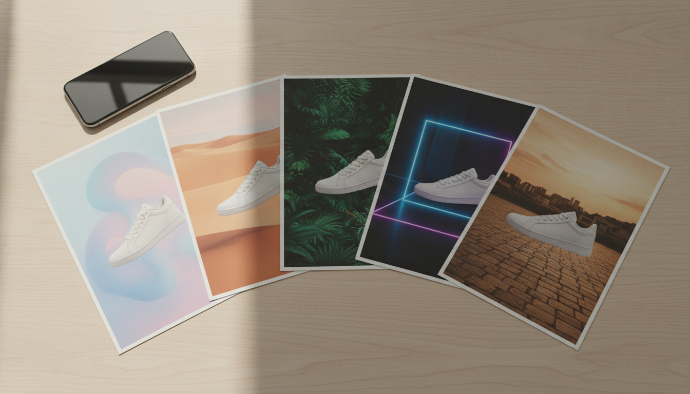Smartphone mit Instagram-Feed liegt neben mehreren ausgedruckten Werbemotiven eines Sneakers auf einem Holztisch