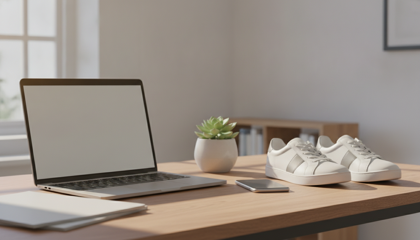 Smartphone neben einem Laptop mit Produktfotos auf einem Schreibtisch