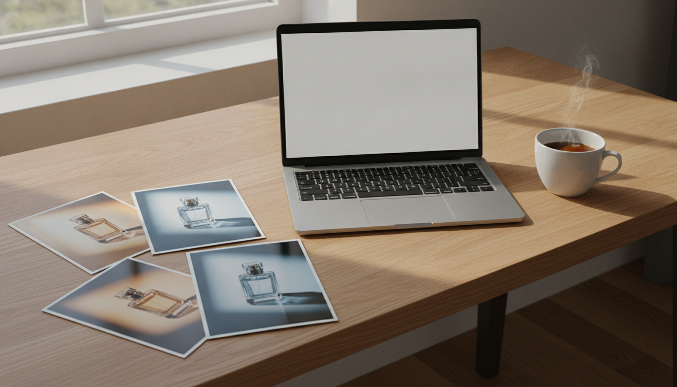 Laptop auf einem hellen Holzschreibtisch neben einer Kaffeetasse und mehreren ausgedruckten KI-generierten Produktfotos
