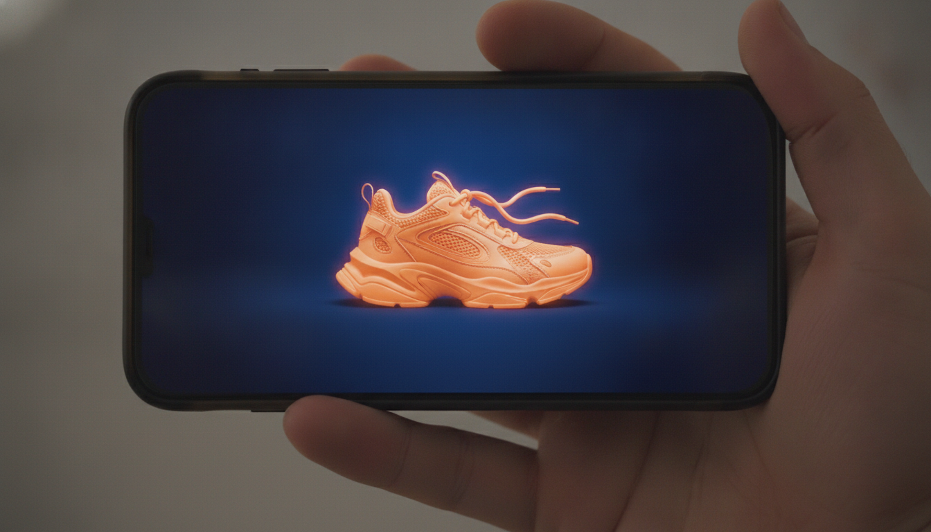 Smartphone in einer Hand, auf dem Display ein Vorschaubild mit blauem Hintergrund und orangefarbenem Objekt