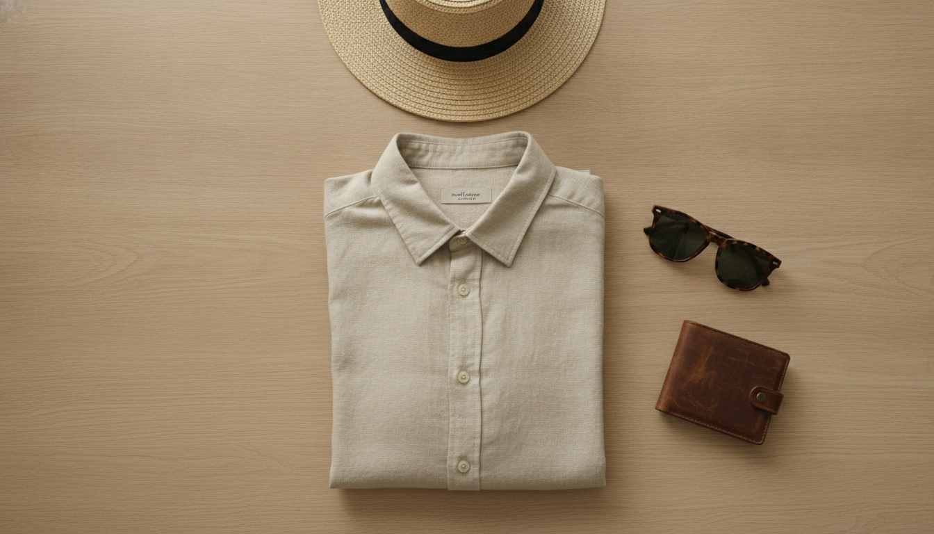 Chemise en lin beige pliée avec lunettes de soleil, portefeuille et chapeau vus du dessus