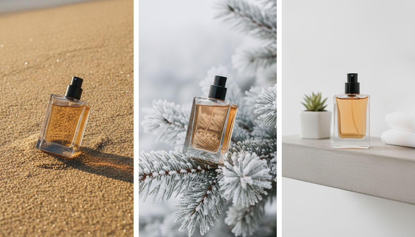 Même flacon de parfum présenté dans trois décors différents