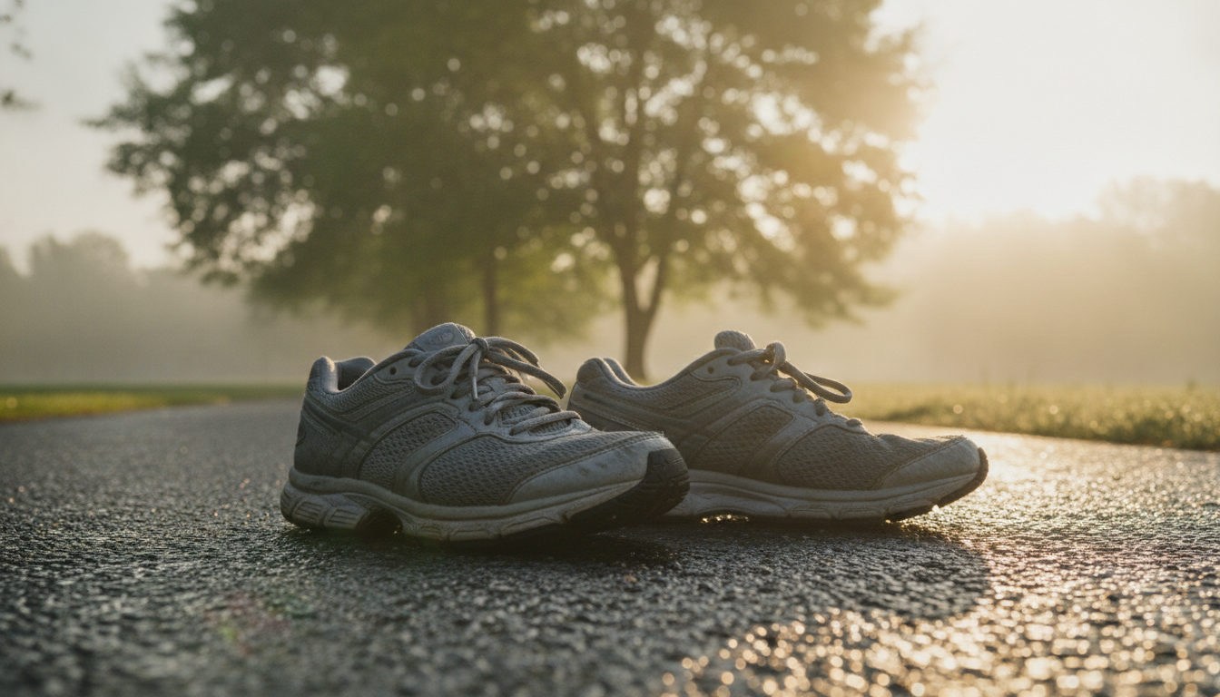 Chaussures de running grises sur un bitume mouillé dans un parc au lever du soleil