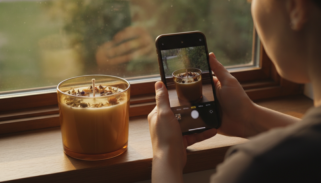 Atelier de petite marque de bougies avec un smartphone photographiant une bougie près d'une fenêtre