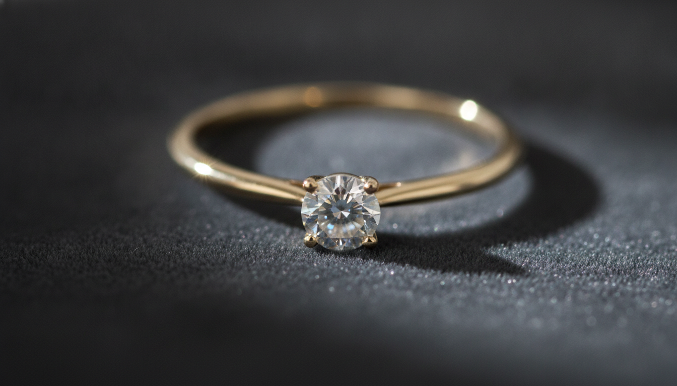 Extreme close-up of a gold diamond ring resting on dark grey velvet