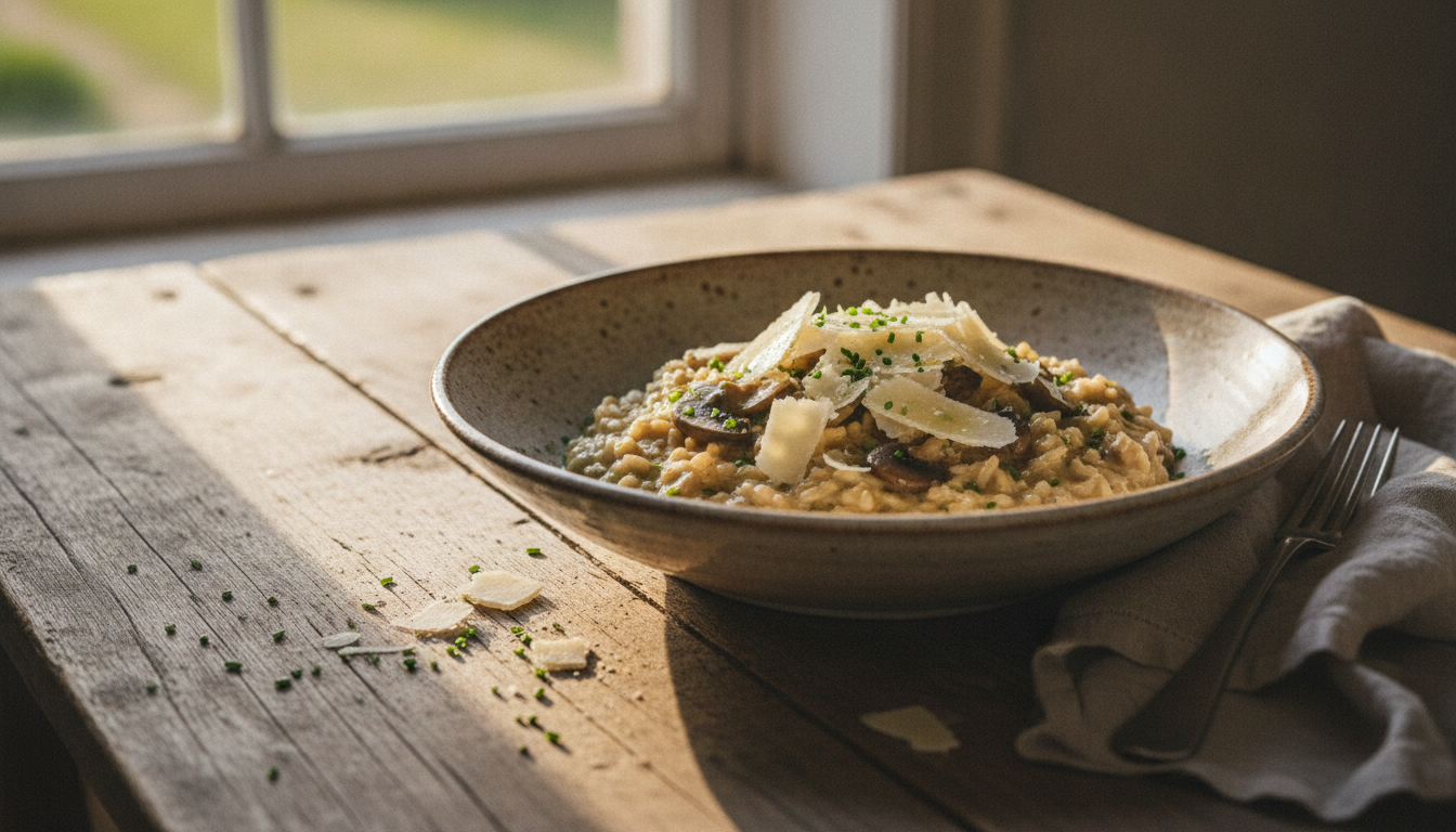 Assiette de risotto aux champignons dressée sur une table en bois rustique
