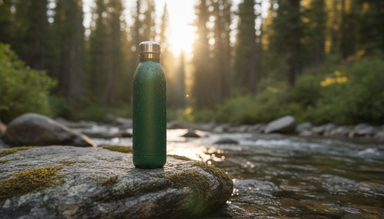 Forest green insulated water bottle on a mossy rock by a stream at golden hour
