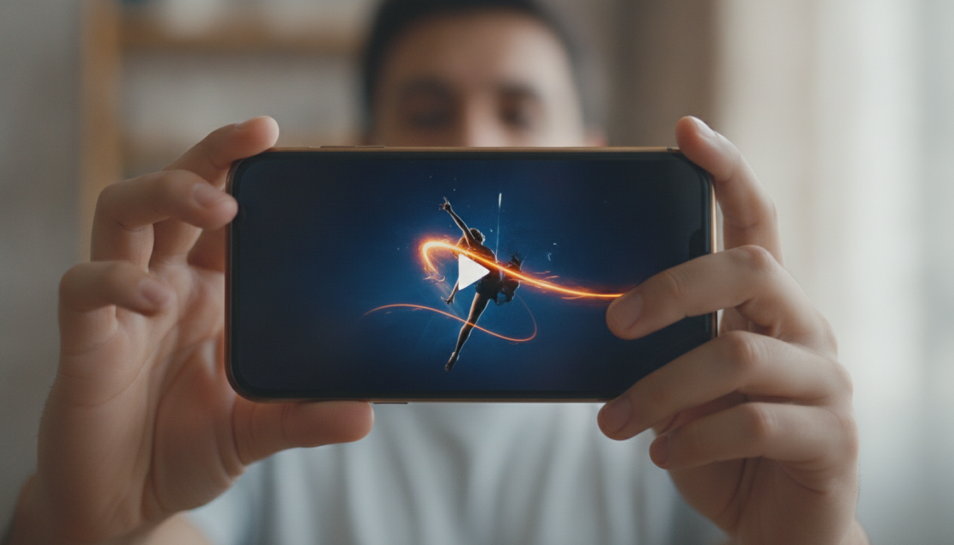 Smartphone tenu en main affichant une vignette vidéo aux couleurs orange et bleu contrastées